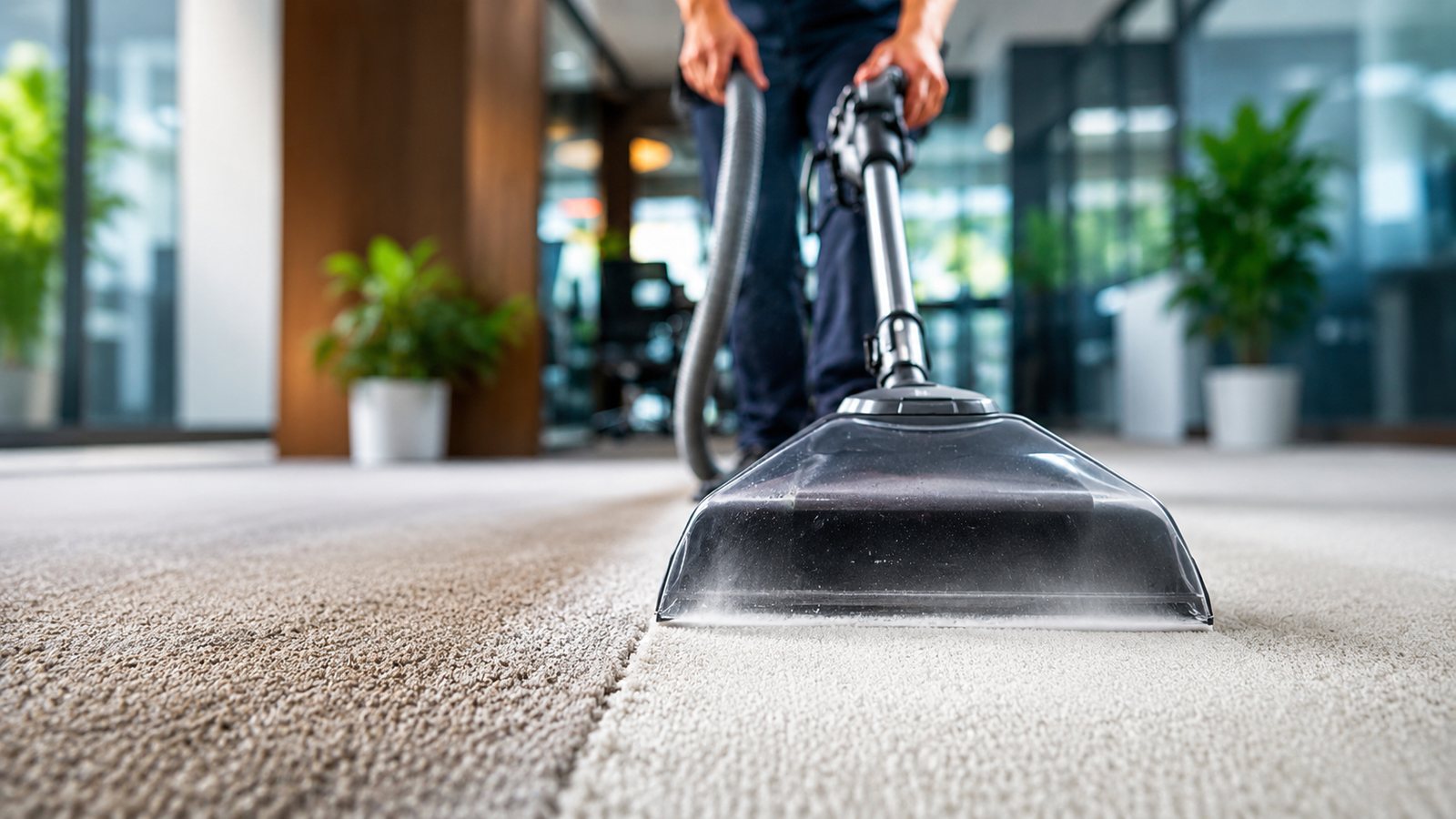Clego carpet cleaning technician steam-cleaning a carpet in a modern Melbourne office lobby