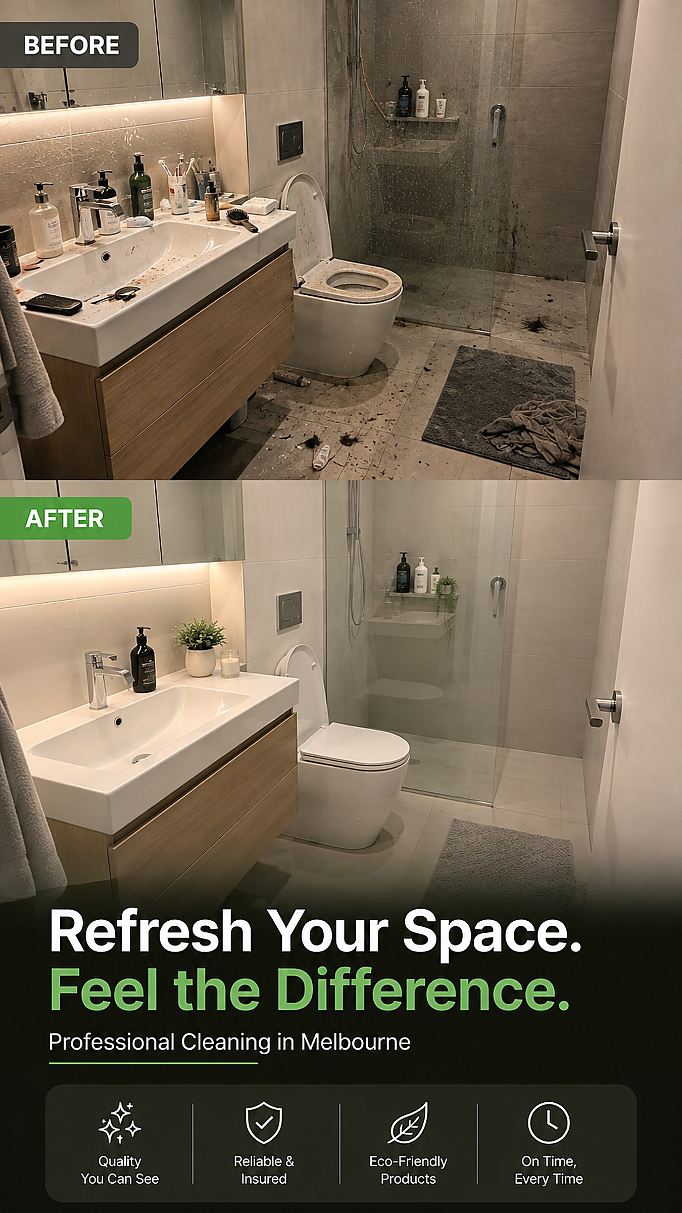 Bathroom before and after a Clego deep clean — grimy shower and sink transformed to a spotless, streak-free bathroom