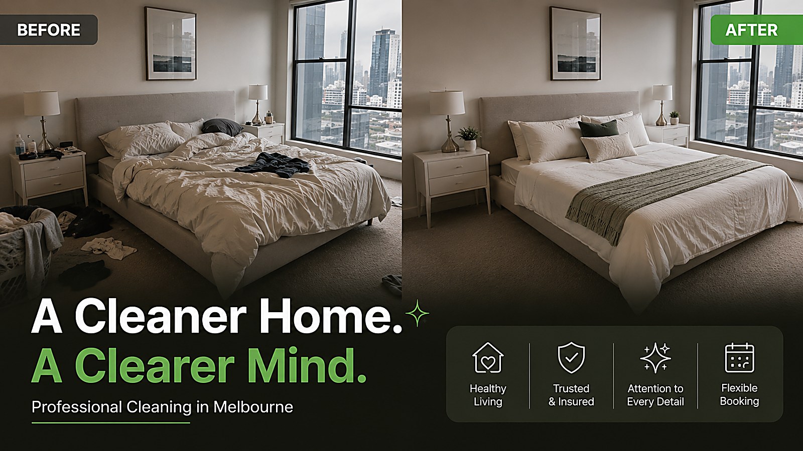 Bedroom before and after a Clego clean — messy bed and floor transformed to a crisp, hotel-tidy bedroom