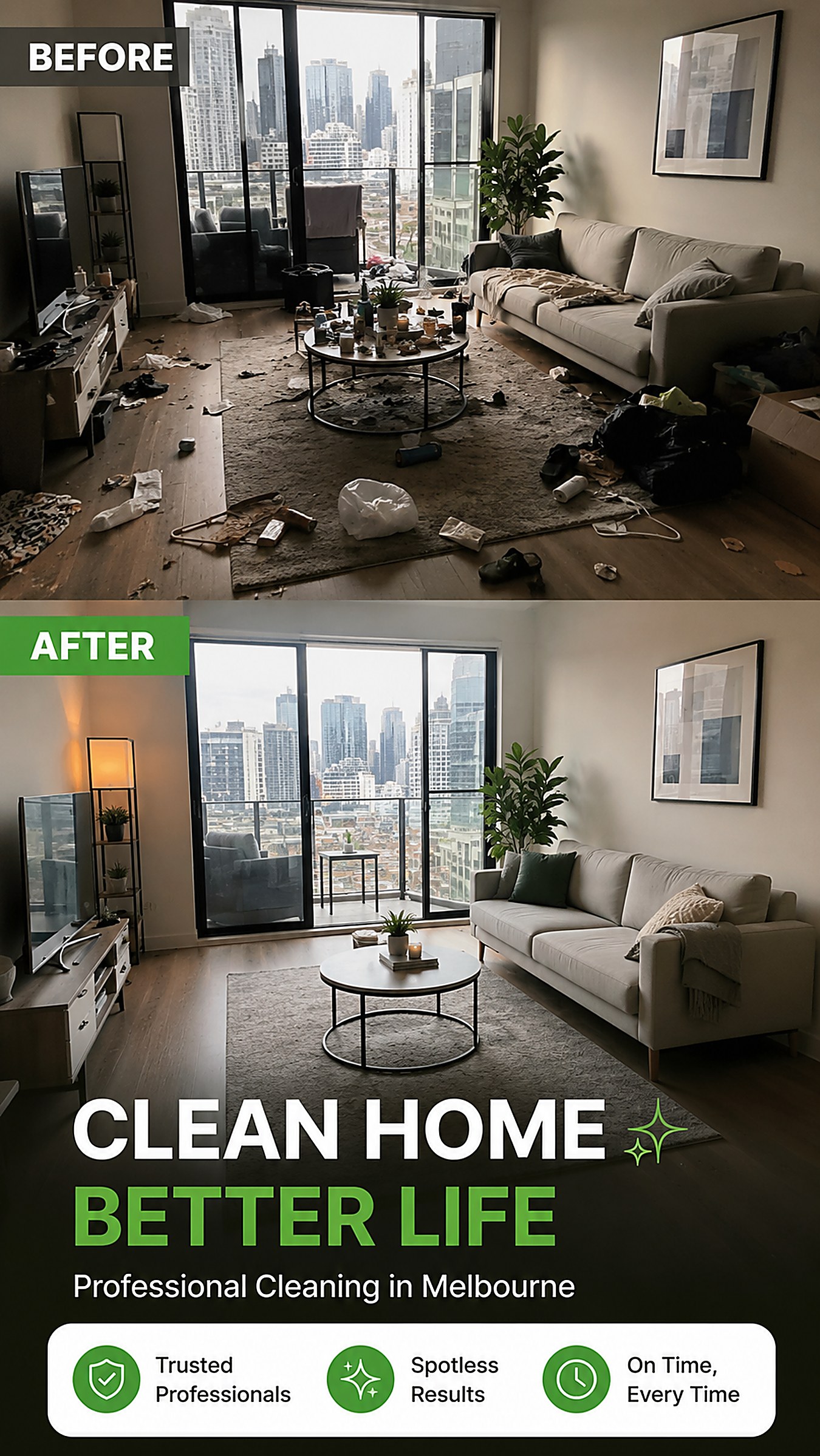 Living room before and after a Clego end of lease clean — cluttered floor and surfaces transformed to a spotless, styled living room