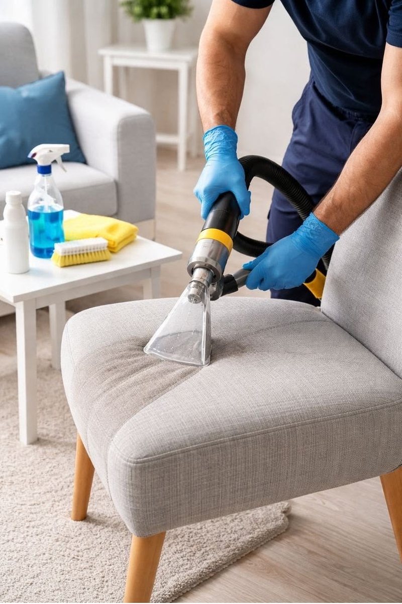 Clego cleaner steam-cleaning an upholstered armchair during a deep clean